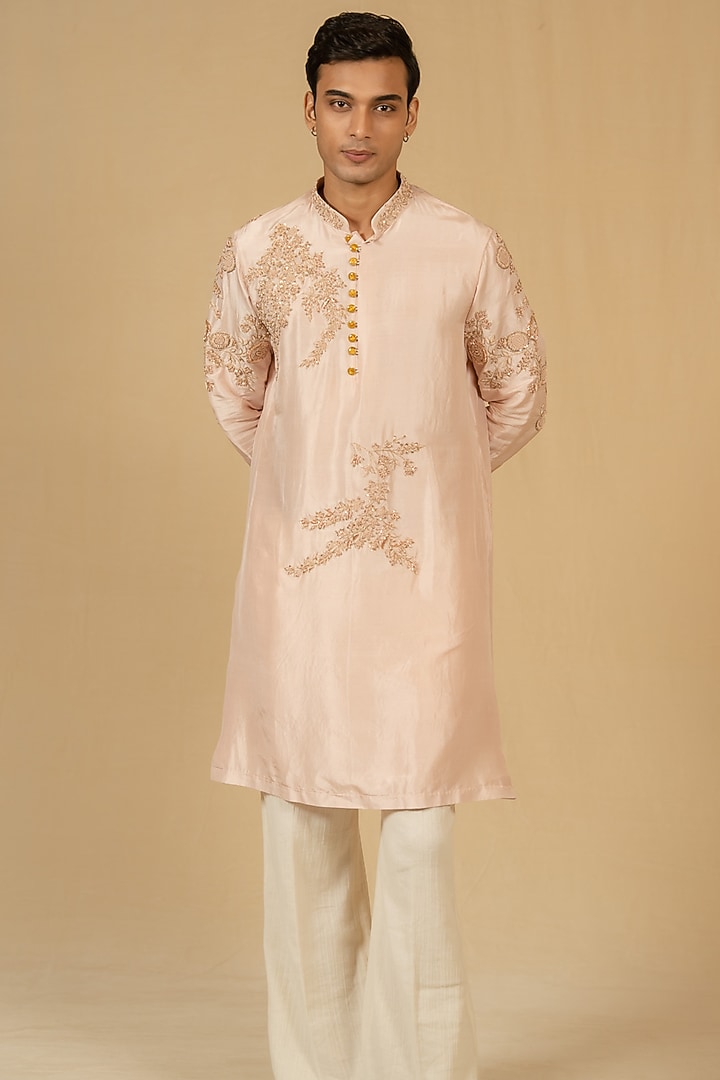 Powder Peach Dupion Silk Zardosi Embellished Kurta Set by Gaurav Katta at Pernia's Pop Up Shop