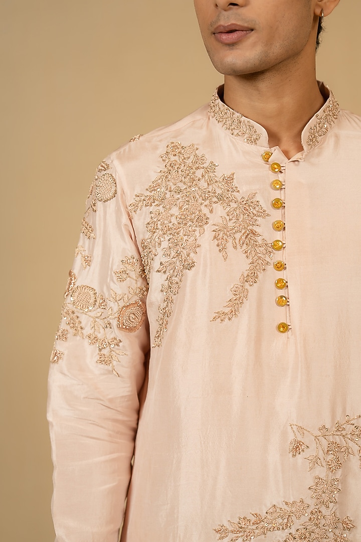 Powder Peach Dupion Silk Zardosi Embellished Kurta Set by Gaurav Katta at Pernia's Pop Up Shop