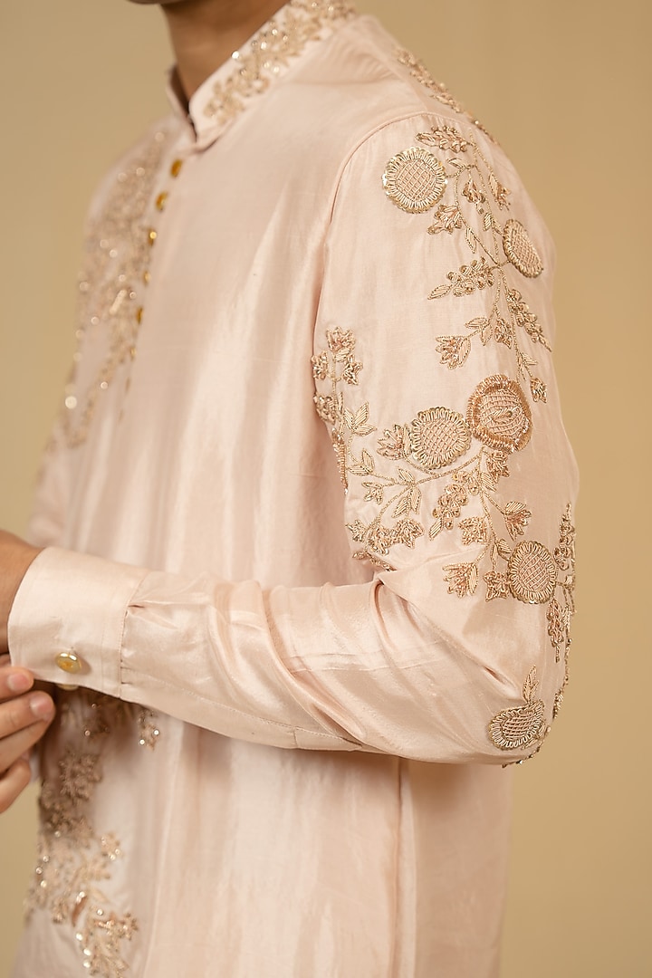 Powder Peach Dupion Silk Zardosi Embellished Kurta Set by Gaurav Katta at Pernia's Pop Up Shop