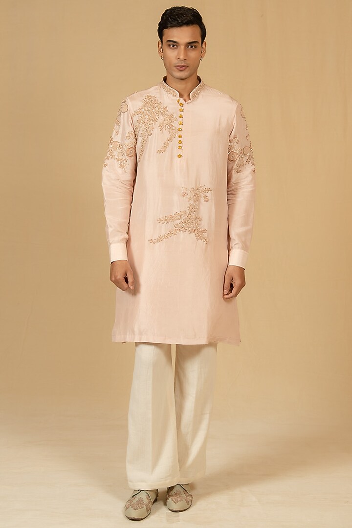 Powder Peach Dupion Silk Zardosi Embellished Kurta Set by Gaurav Katta at Pernia's Pop Up Shop