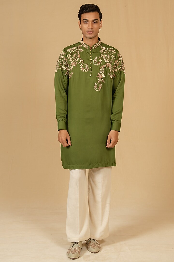 Sage Green Modal Silk Zardosi Embellished Kurta Set by Gaurav Katta at Pernia's Pop Up Shop