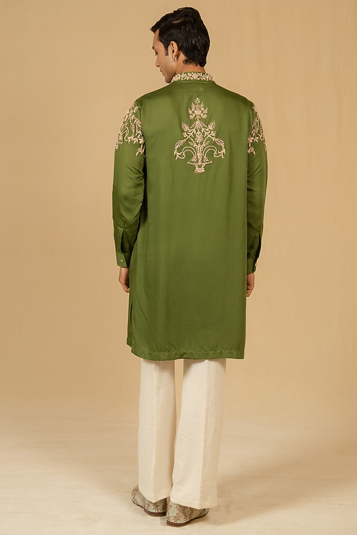 Sage Green Modal Silk Zardosi Embellished Kurta Set by Gaurav Katta at Pernia's Pop Up Shop