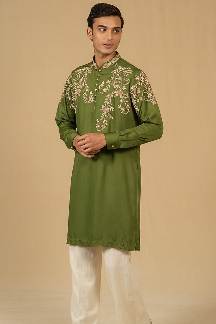 Sage Green Modal Silk Zardosi Embellished Kurta Set by Gaurav Katta at Pernia's Pop Up Shop