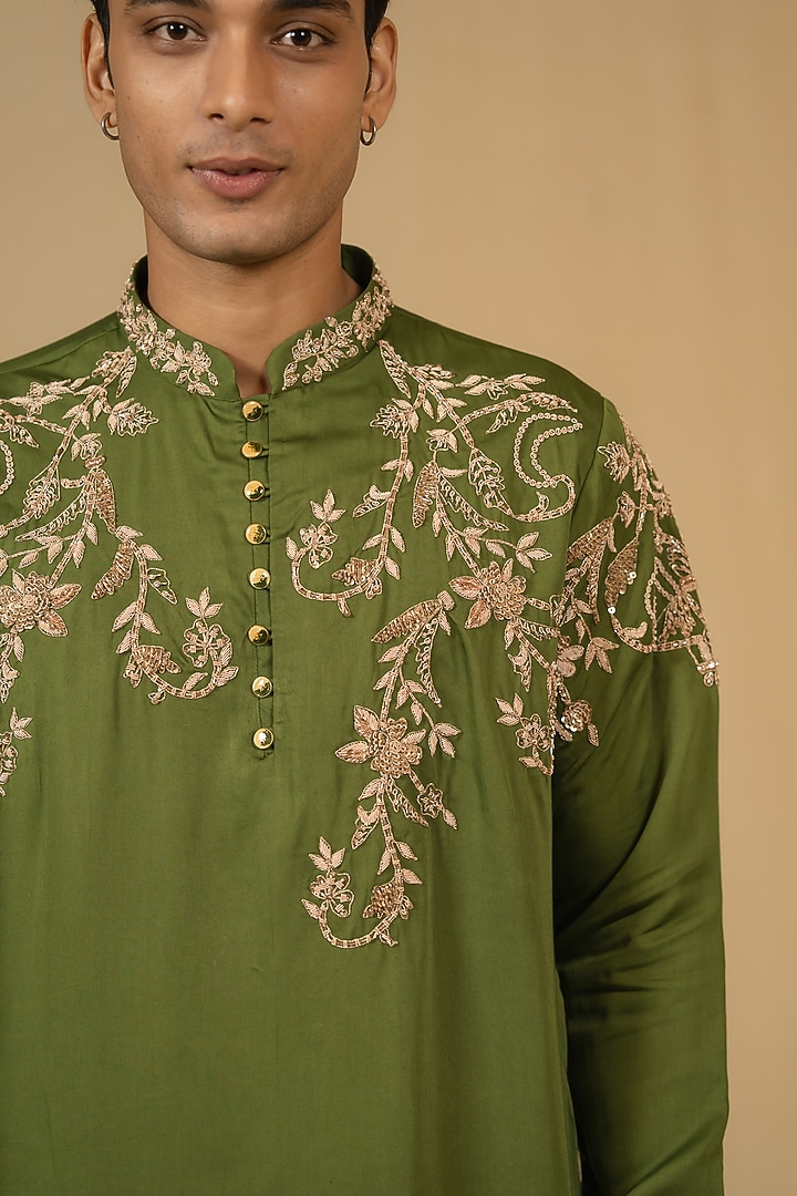 Sage Green Modal Silk Zardosi Embellished Kurta Set by Gaurav Katta at Pernia's Pop Up Shop