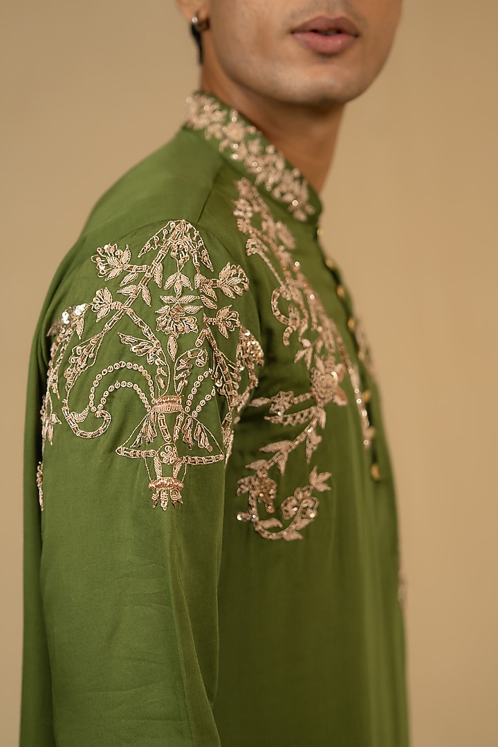 Sage Green Modal Silk Zardosi Embellished Kurta Set by Gaurav Katta at Pernia's Pop Up Shop