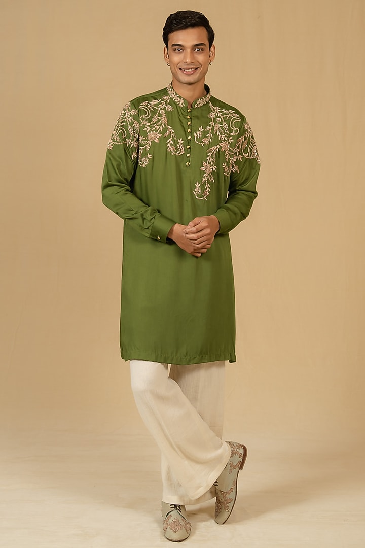 Sage Green Modal Silk Zardosi Embellished Kurta Set by Gaurav Katta at Pernia's Pop Up Shop