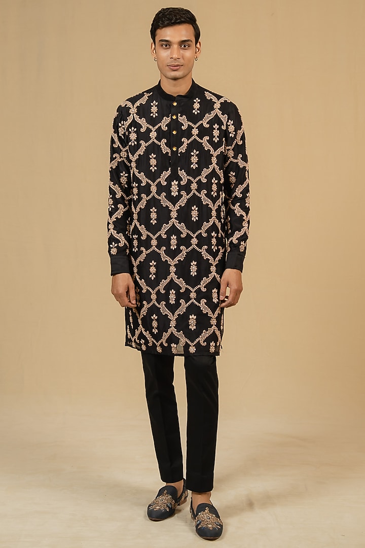 Black Silk Chanderi Zardosi Embellished Kurta Set by Gaurav Katta at Pernia's Pop Up Shop