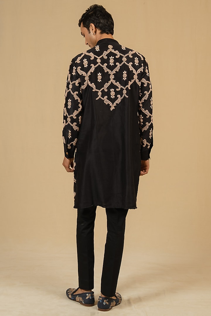 Black Silk Chanderi Zardosi Embellished Kurta Set by Gaurav Katta at Pernia's Pop Up Shop