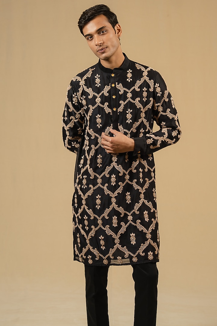 Black Silk Chanderi Zardosi Embellished Kurta Set by Gaurav Katta at Pernia's Pop Up Shop