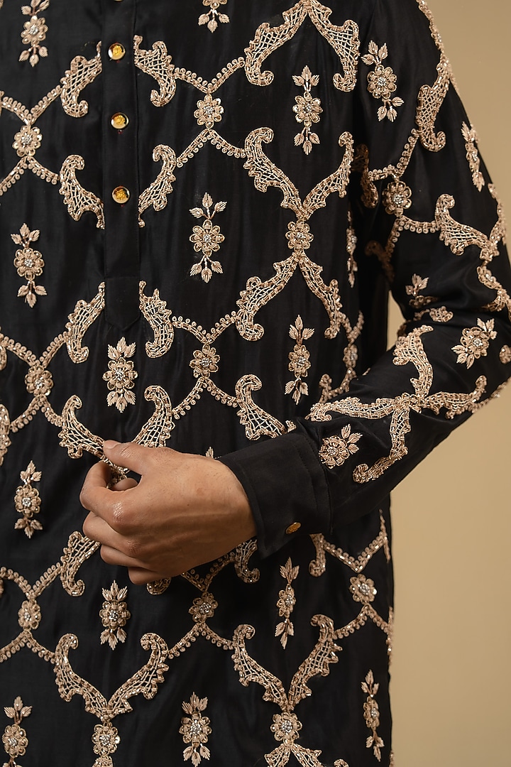 Black Silk Chanderi Zardosi Embellished Kurta Set by Gaurav Katta at Pernia's Pop Up Shop