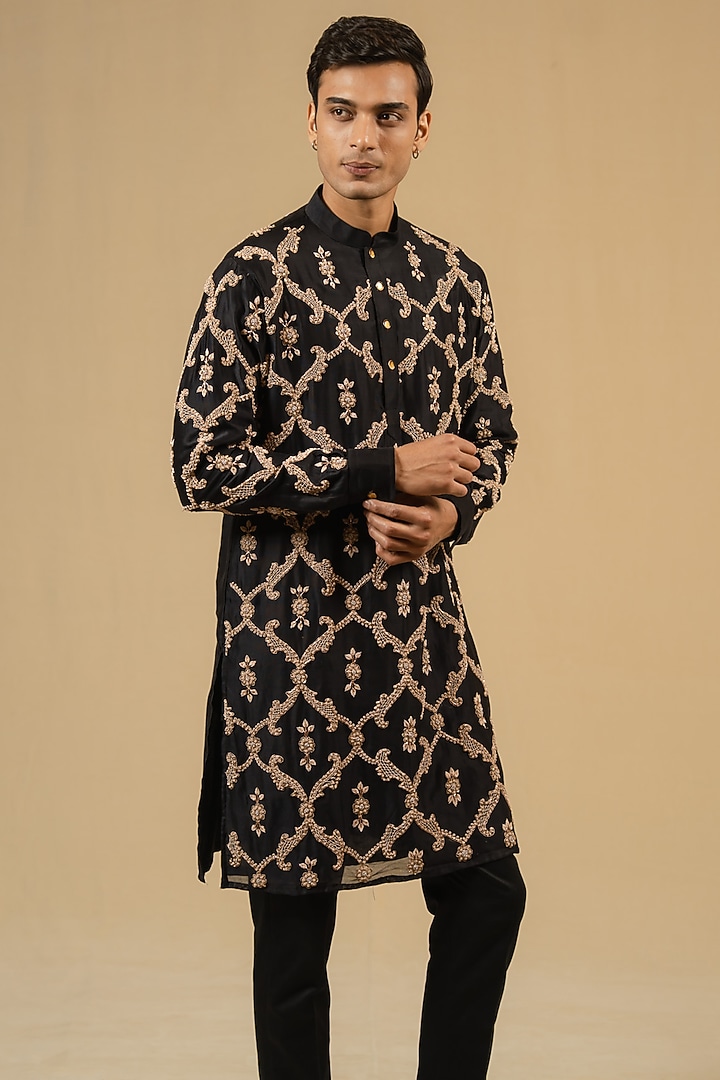 Black Silk Chanderi Zardosi Embellished Kurta Set by Gaurav Katta at Pernia's Pop Up Shop