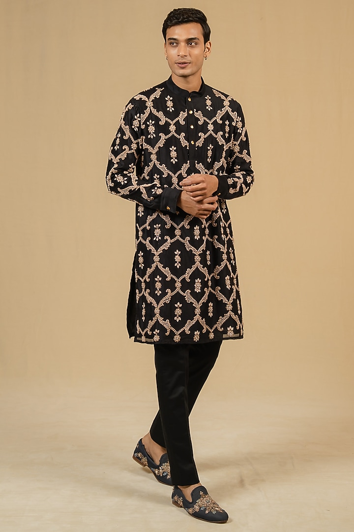 Black Silk Chanderi Zardosi Embellished Kurta Set by Gaurav Katta at Pernia's Pop Up Shop