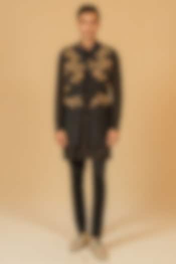Deep Black Modal Silk Zardosi Work Jacket by Gaurav Katta at Pernia's Pop Up Shop