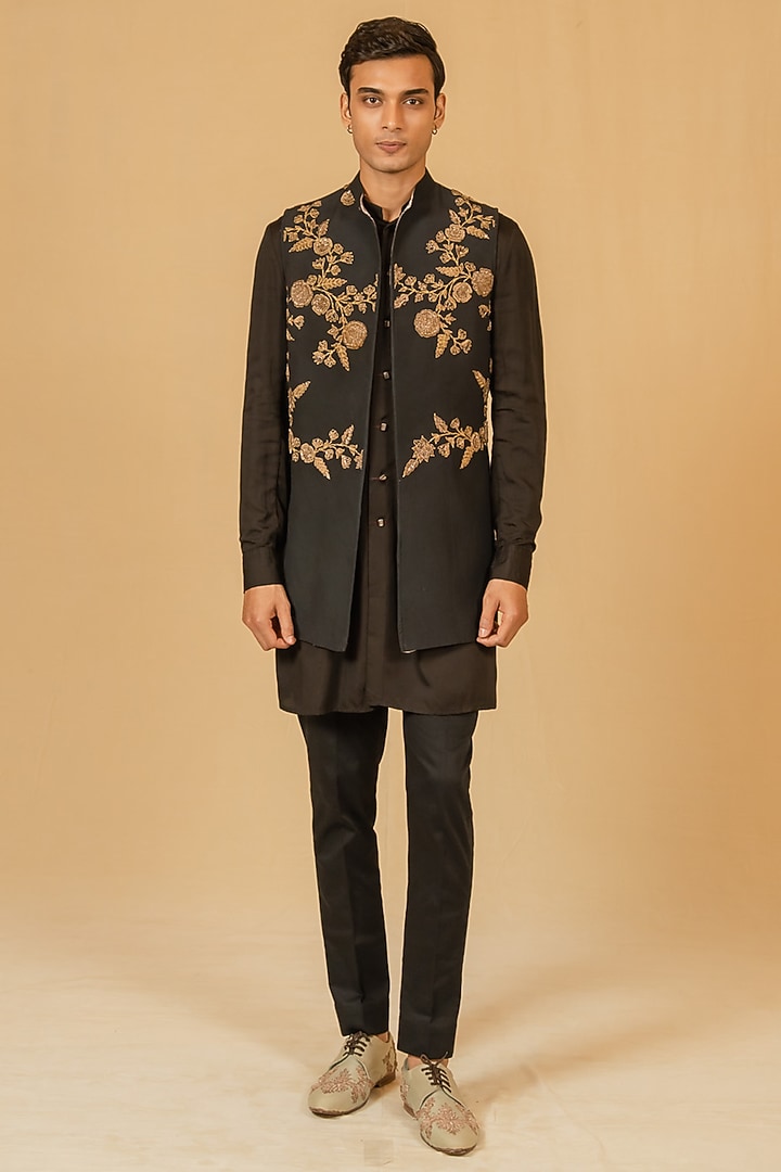Deep Black Modal Silk Zardosi Work Jacket by Gaurav Katta at Pernia's Pop Up Shop