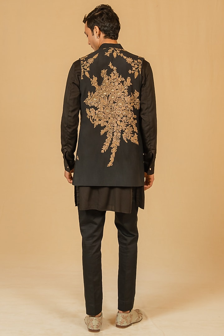 Deep Black Modal Silk Zardosi Work Jacket by Gaurav Katta at Pernia's Pop Up Shop