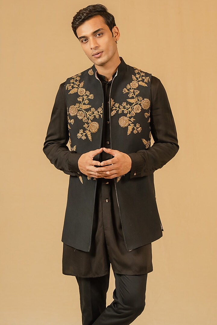 Deep Black Modal Silk Zardosi Work Jacket by Gaurav Katta at Pernia's Pop Up Shop