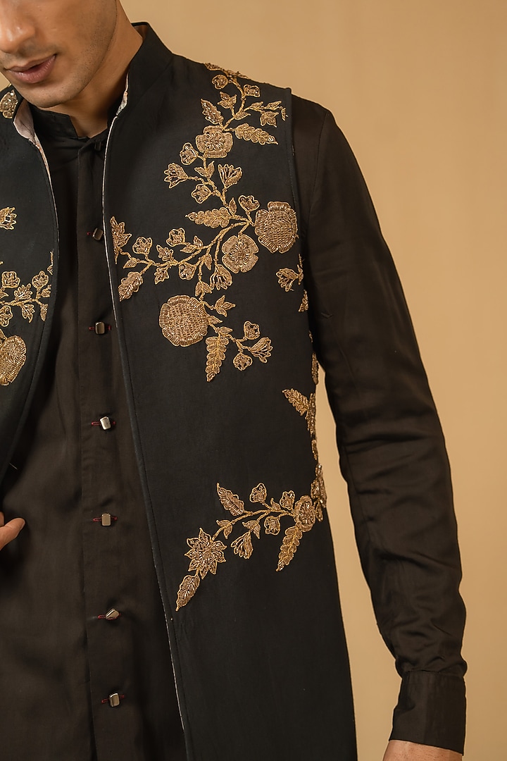 Deep Black Modal Silk Zardosi Work Jacket by Gaurav Katta at Pernia's Pop Up Shop