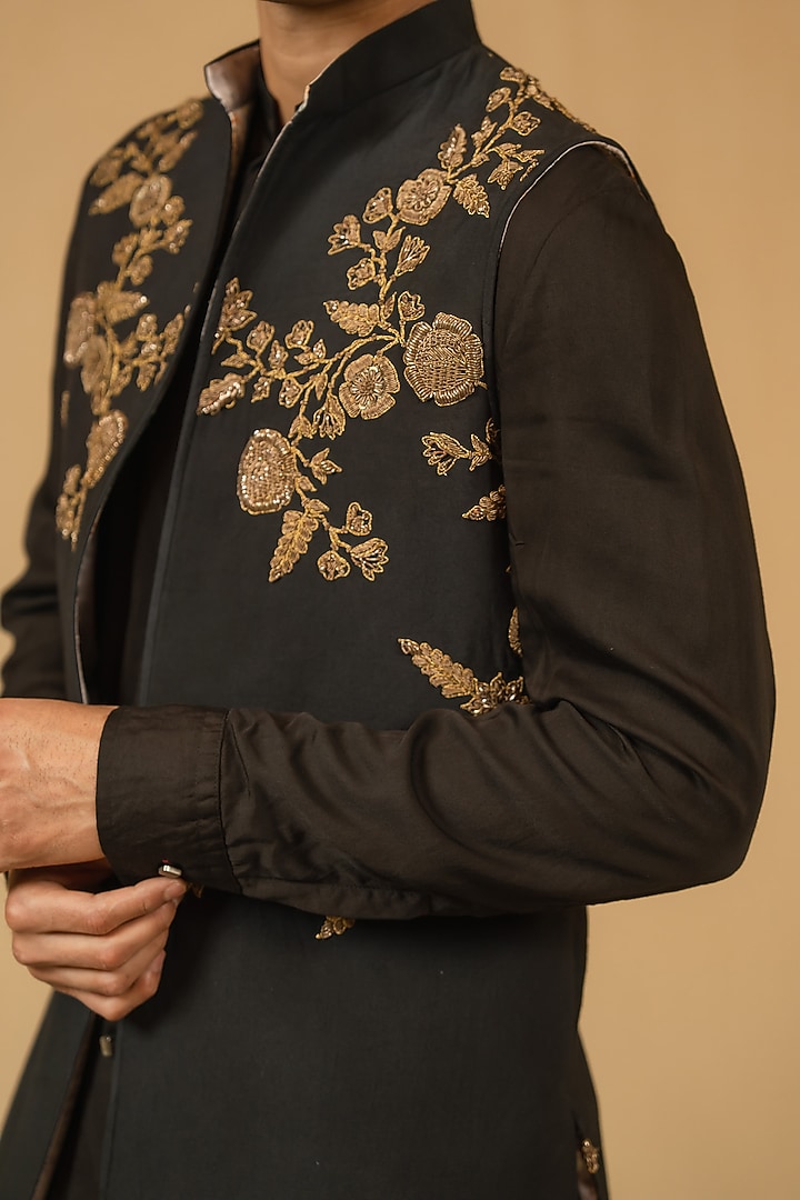 Deep Black Modal Silk Zardosi Work Jacket by Gaurav Katta at Pernia's Pop Up Shop