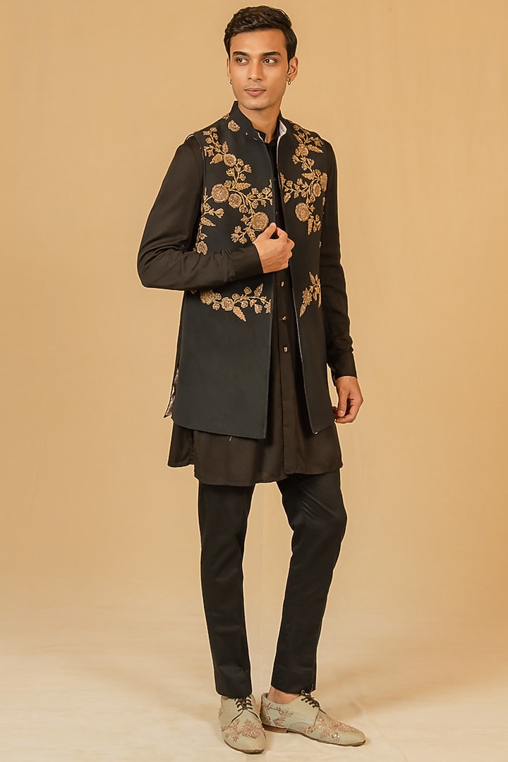 Deep Black Modal Silk Zardosi Work Jacket by Gaurav Katta at Pernia's Pop Up Shop