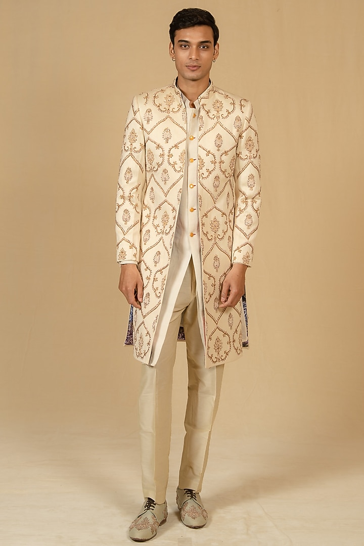 Ivory Pure Chintz Printed & Hand Embellished Groom Sherwani Set by Gaurav Katta at Pernia's Pop Up Shop