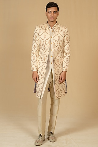 Ivory Pure Chintz Printed & Hand Embellished Sherwani Set by Gaurav Katta