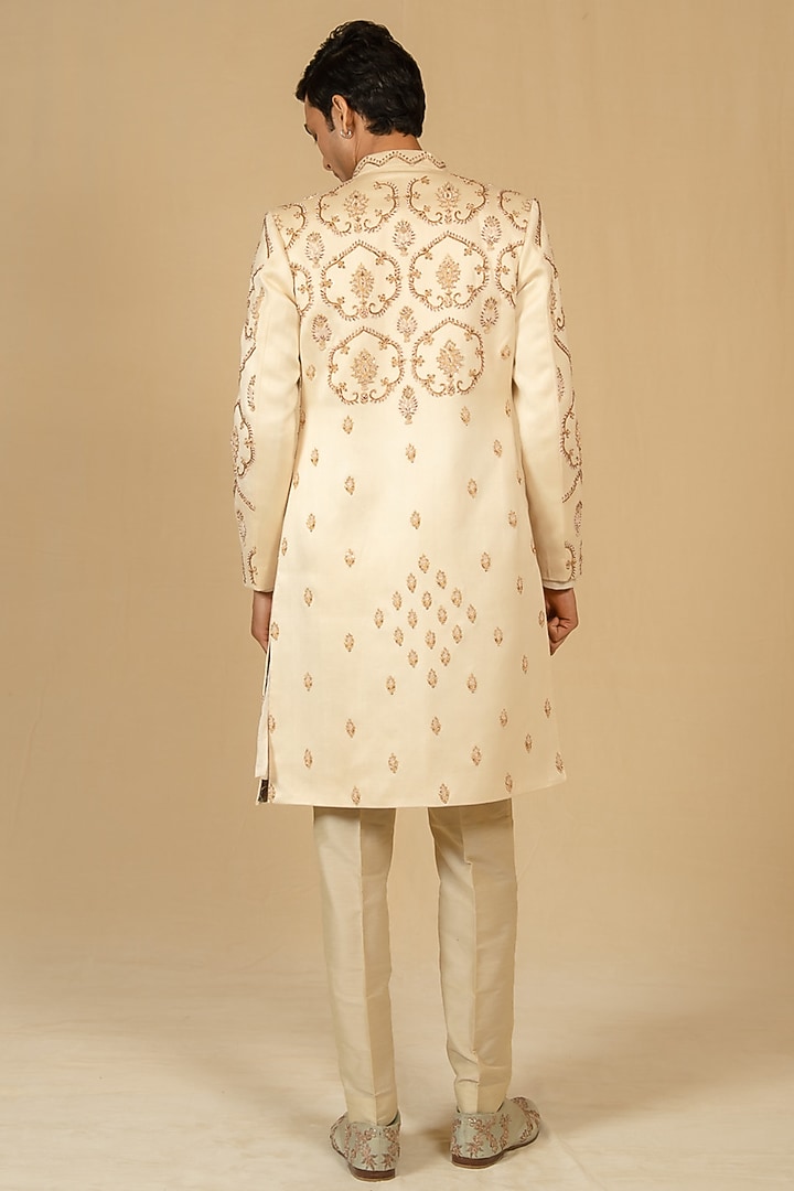 Ivory Pure Chintz Printed & Hand Embellished Groom Sherwani Set by Gaurav Katta at Pernia's Pop Up Shop