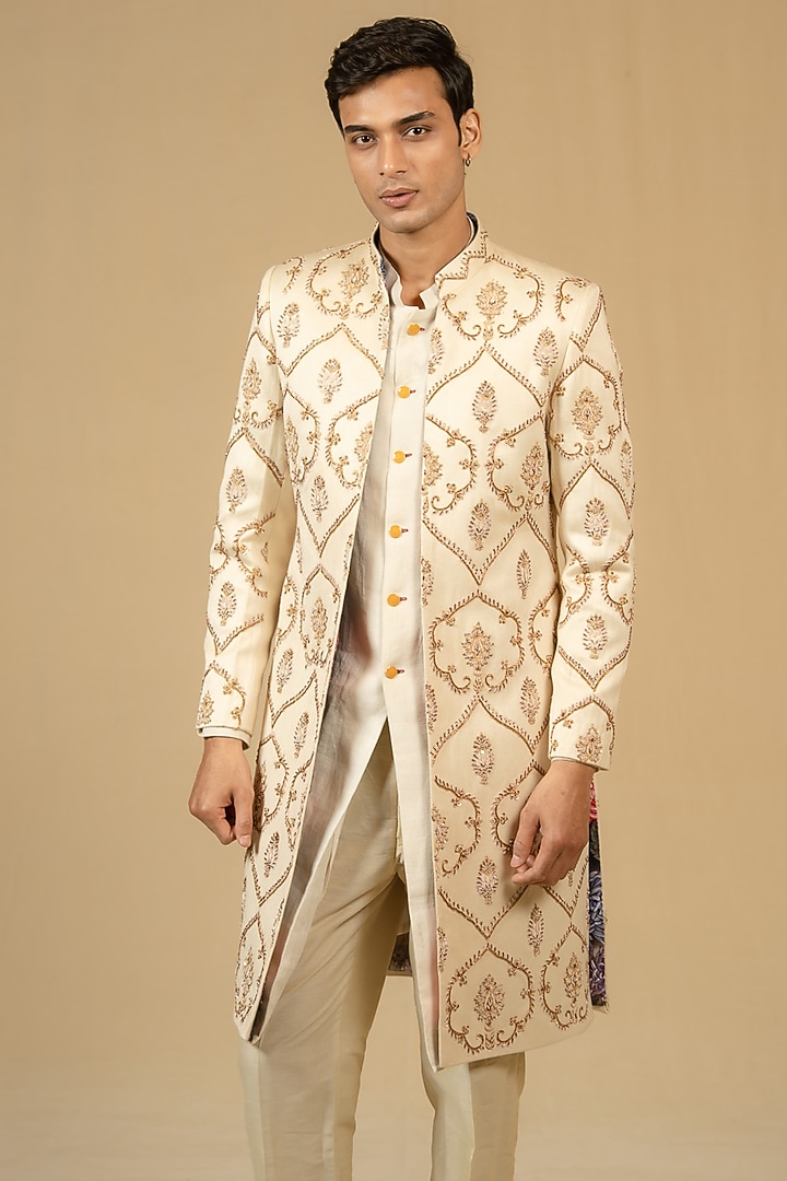 Ivory Pure Chintz Printed & Hand Embellished Groom Sherwani Set by Gaurav Katta at Pernia's Pop Up Shop