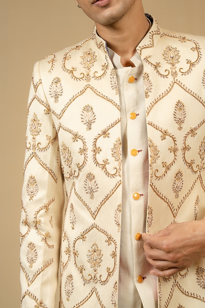 Ivory Pure Chintz Printed & Hand Embellished Groom Sherwani Set by Gaurav Katta at Pernia's Pop Up Shop