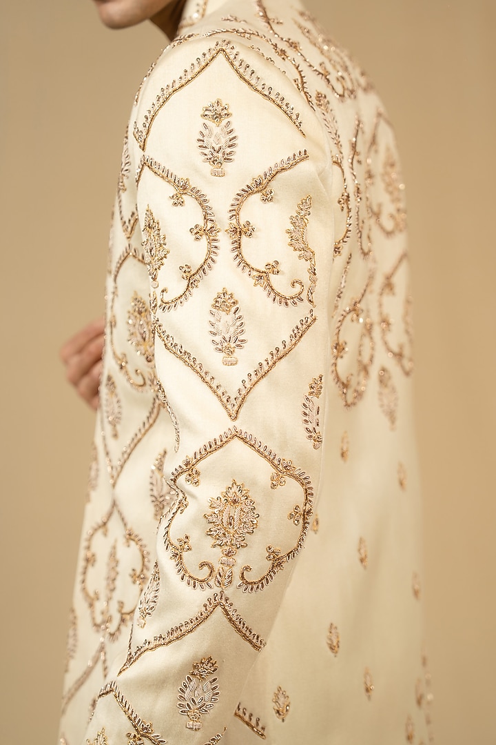 Ivory Pure Chintz Printed & Hand Embellished Groom Sherwani Set by Gaurav Katta at Pernia's Pop Up Shop