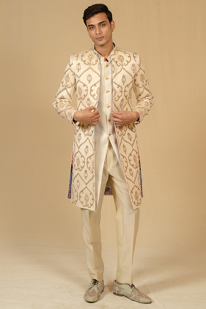 Ivory Pure Chintz Printed & Hand Embellished Groom Sherwani Set by Gaurav Katta at Pernia's Pop Up Shop