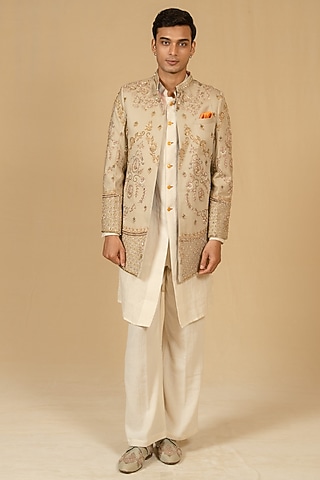 Grey Beige Modal Silk Hand Embellished Achkan Jacket Set by Gaurav Katta