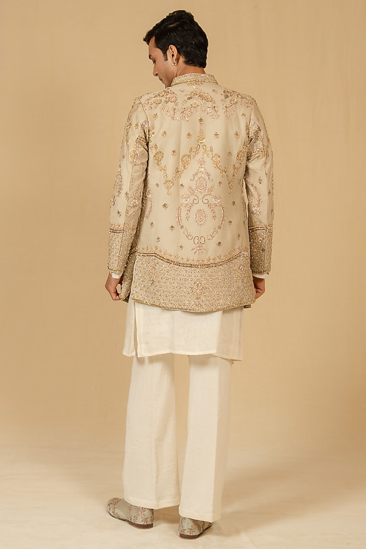 Grey Beige Modal Silk Hand Embellished Achkan Jacket Set by Gaurav Katta at Pernia's Pop Up Shop