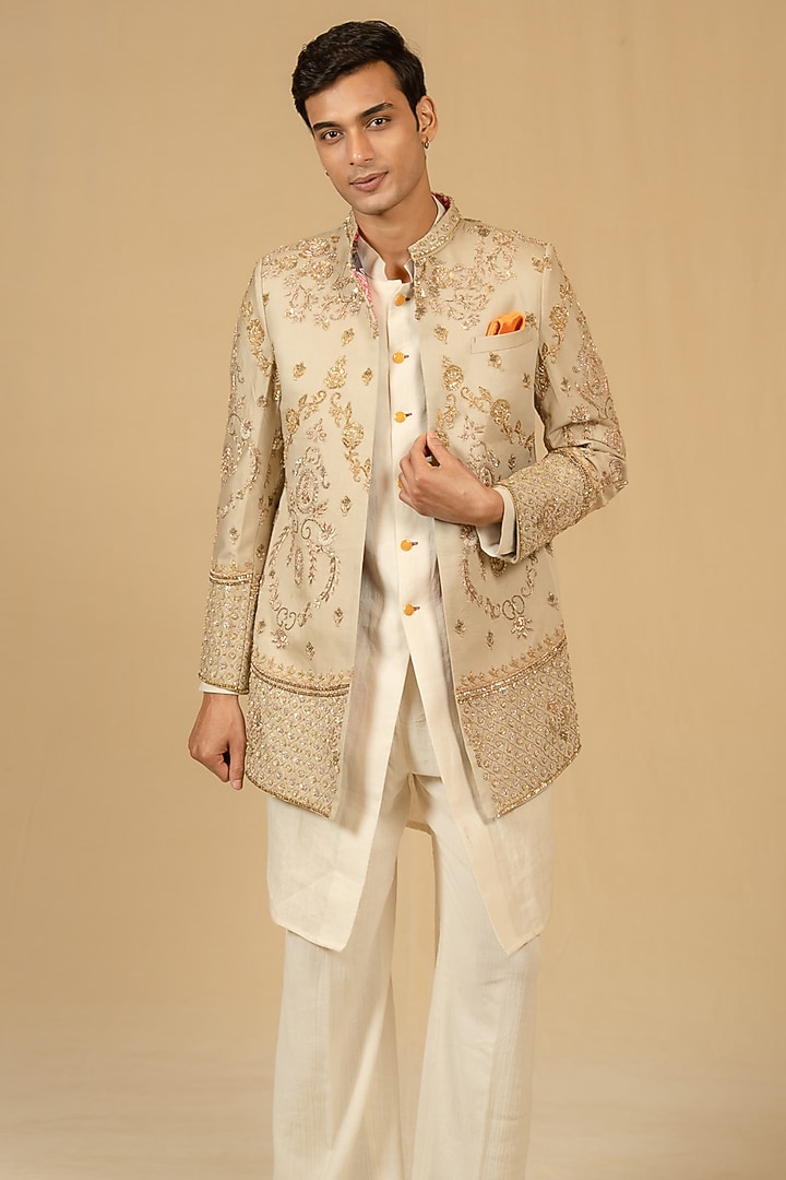 Grey Beige Modal Silk Hand Embellished Achkan Jacket Set by Gaurav Katta at Pernia's Pop Up Shop
