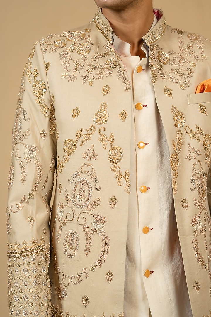 Grey Beige Modal Silk Hand Embellished Achkan Jacket Set by Gaurav Katta at Pernia's Pop Up Shop
