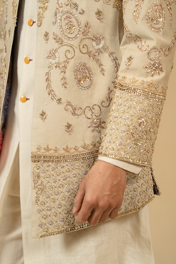 Grey Beige Modal Silk Hand Embellished Achkan Jacket Set by Gaurav Katta at Pernia's Pop Up Shop