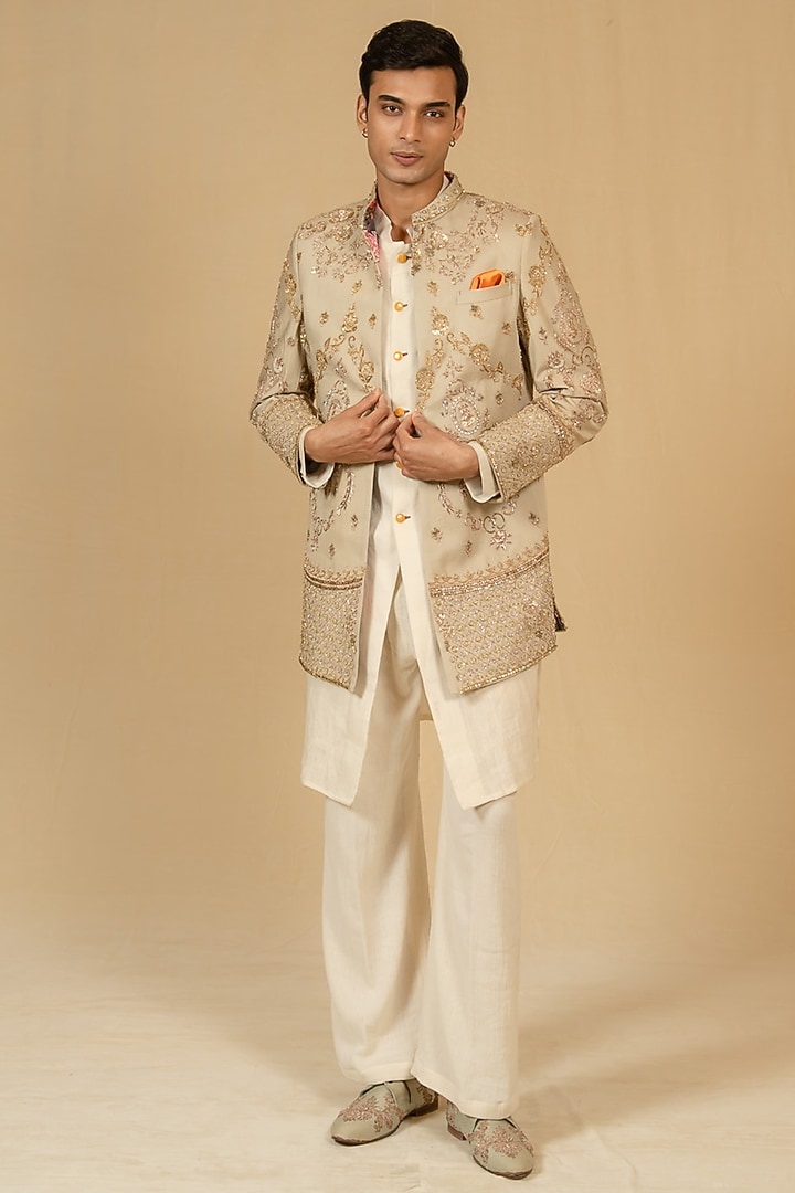 Grey Beige Modal Silk Hand Embellished Achkan Jacket Set by Gaurav Katta at Pernia's Pop Up Shop