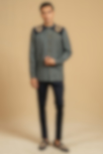 Steel Blue Linen Zardosi Work Bushcoat Wedding Bandhgala Jacket by Gaurav Katta at Pernia's Pop Up Shop