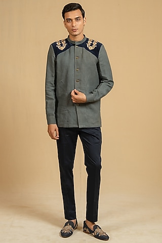 Steel Blue Linen Zardosi Work Bushcoat Bandhgala Jacket by Gaurav Katta