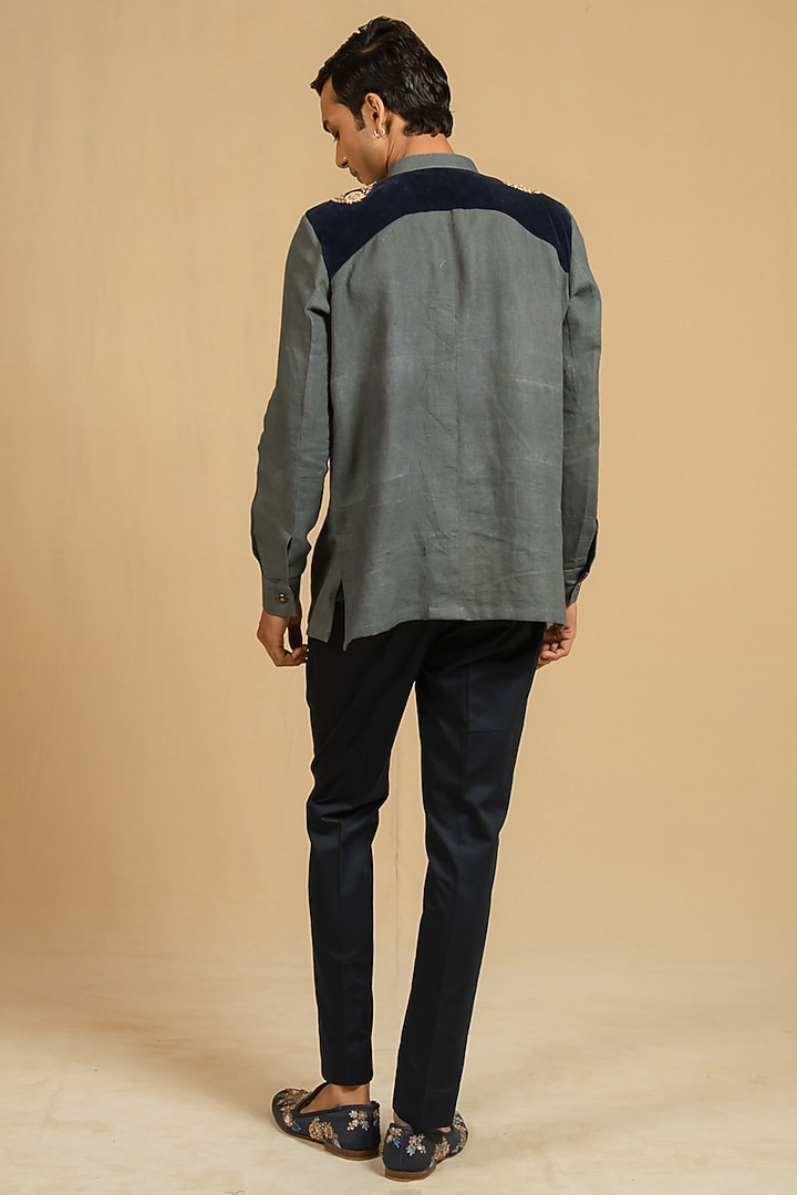 Steel Blue Linen Zardosi Work Bushcoat Wedding Bandhgala Jacket by Gaurav Katta at Pernia's Pop Up Shop