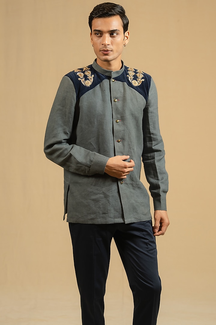 Steel Blue Linen Zardosi Work Bushcoat Wedding Bandhgala Jacket by Gaurav Katta at Pernia's Pop Up Shop