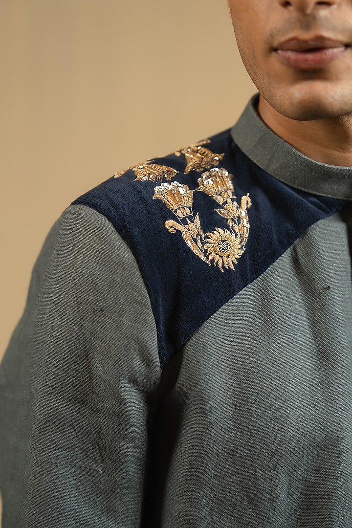 Steel Blue Linen Zardosi Work Bushcoat Wedding Bandhgala Jacket by Gaurav Katta at Pernia's Pop Up Shop