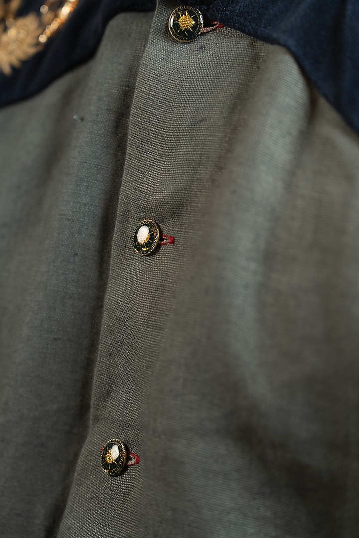 Steel Blue Linen Zardosi Work Bushcoat Wedding Bandhgala Jacket by Gaurav Katta at Pernia's Pop Up Shop