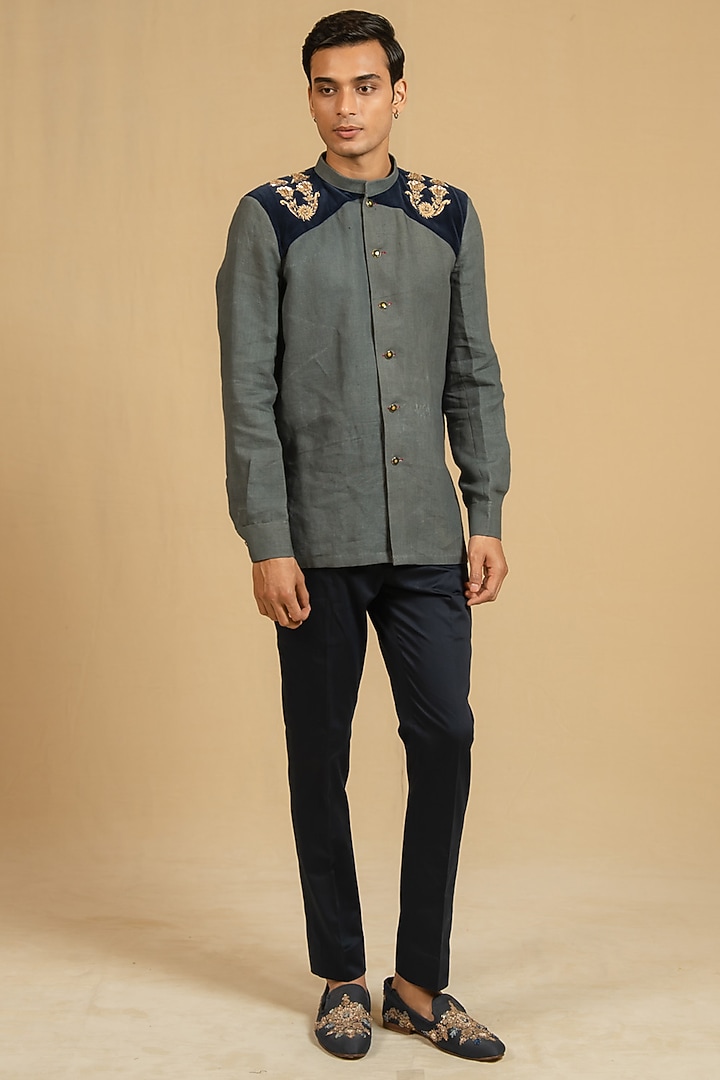 Steel Blue Linen Zardosi Work Bushcoat Wedding Bandhgala Jacket by Gaurav Katta at Pernia's Pop Up Shop