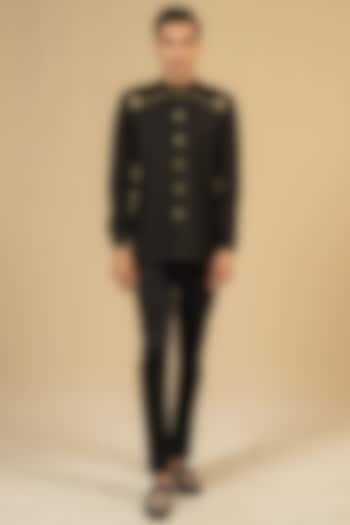Black Linen Zardosi Work Bushcoat Wedding Bandhgala Jacket by Gaurav Katta at Pernia's Pop Up Shop