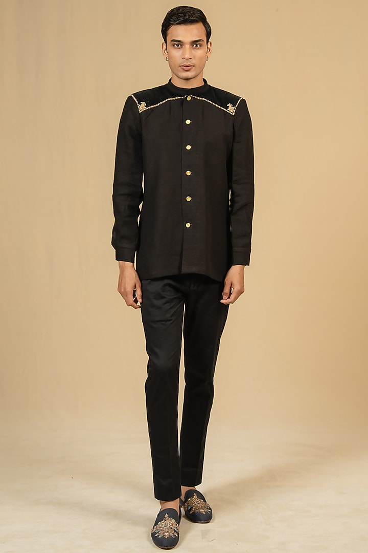 Black Linen Zardosi Work Bushcoat Wedding Bandhgala Jacket by Gaurav Katta at Pernia's Pop Up Shop