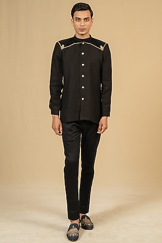 Black Linen Zardosi Work Bushcoat Bandhgala Jacket by Gaurav Katta