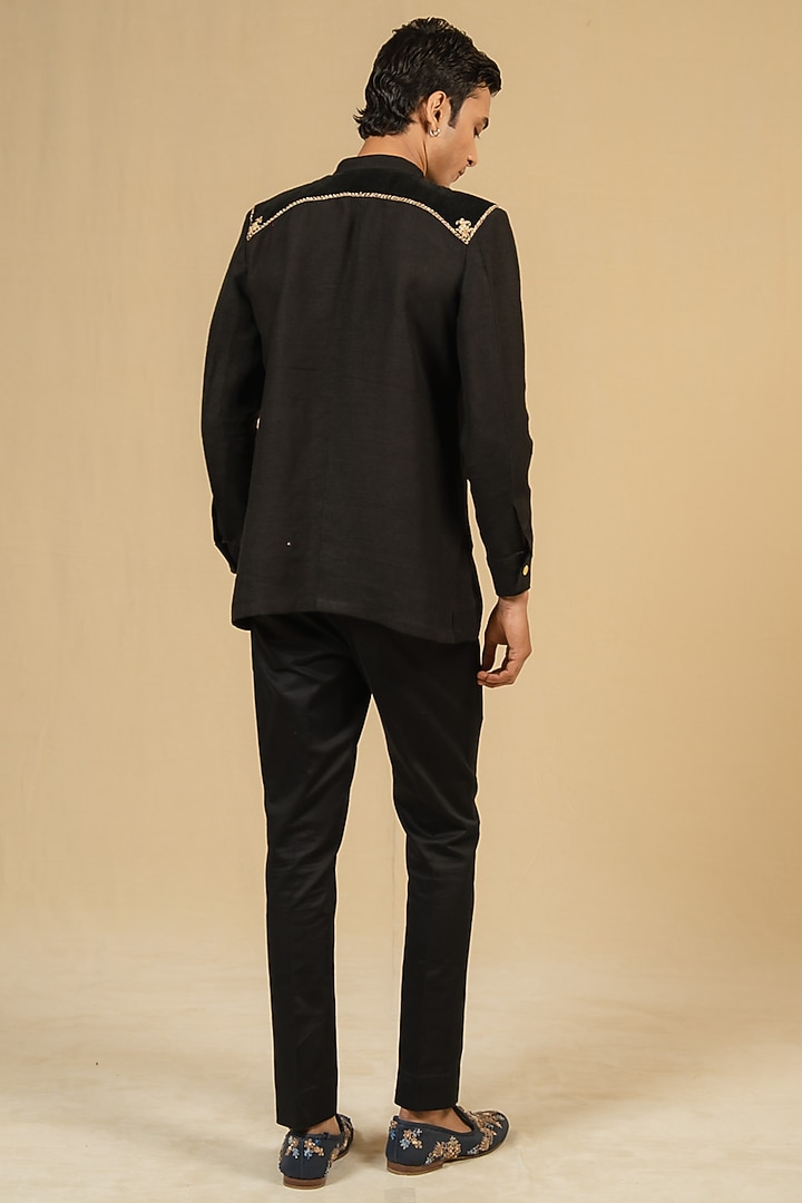 Black Linen Zardosi Work Bushcoat Wedding Bandhgala Jacket by Gaurav Katta at Pernia's Pop Up Shop