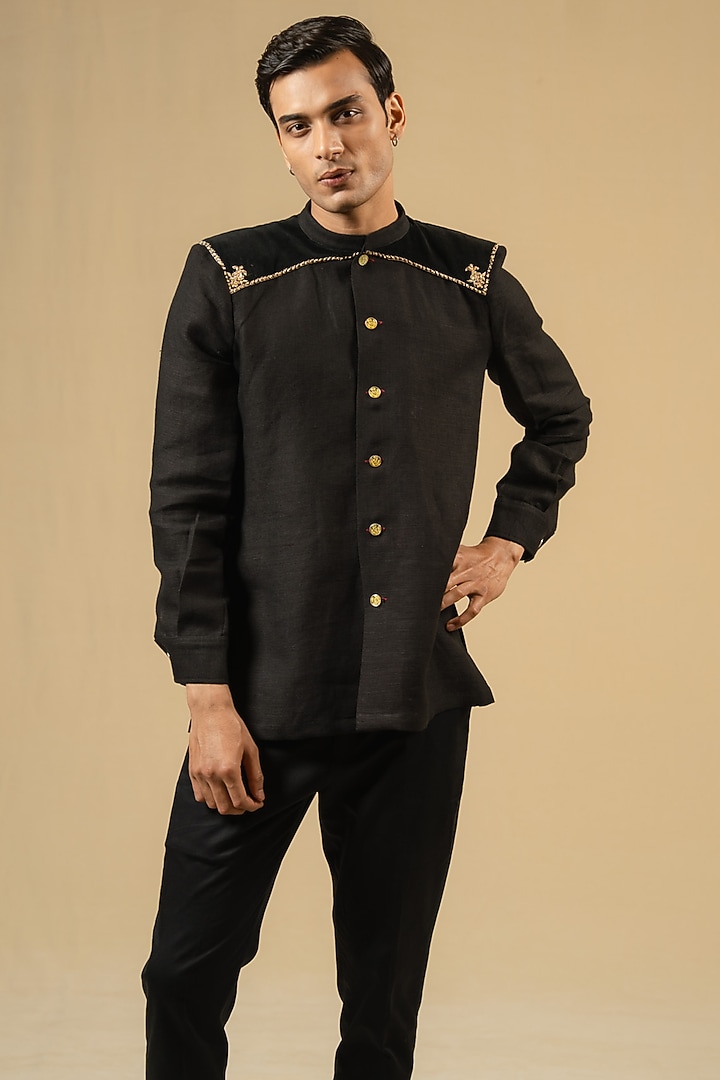 Black Linen Zardosi Work Bushcoat Wedding Bandhgala Jacket by Gaurav Katta at Pernia's Pop Up Shop