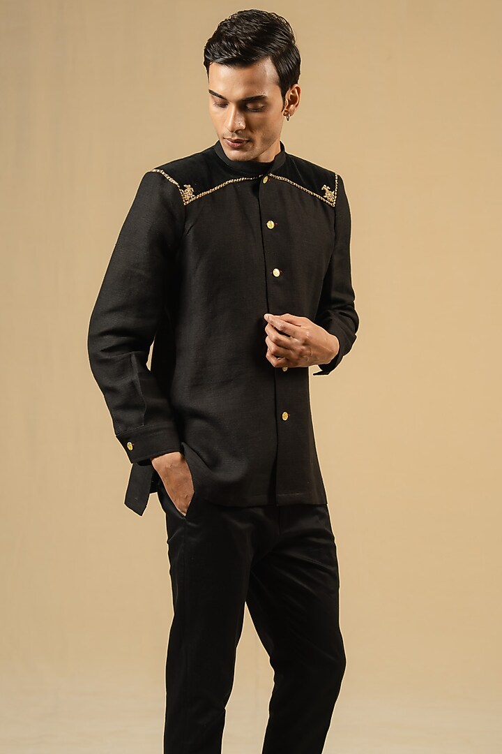 Black Linen Zardosi Work Bushcoat Wedding Bandhgala Jacket by Gaurav Katta at Pernia's Pop Up Shop