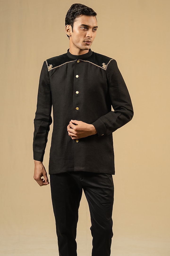 Black Linen Zardosi Work Bushcoat Wedding Bandhgala Jacket by Gaurav Katta at Pernia's Pop Up Shop